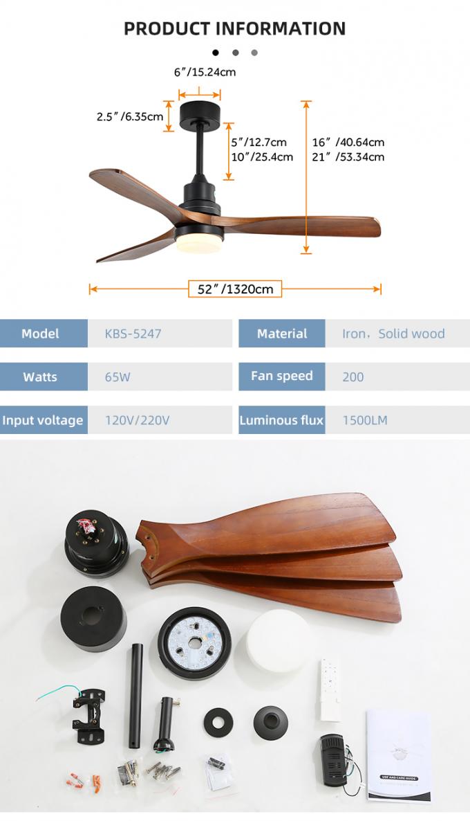 52inch luz de madera sólida eléctrica decorativa moderna de las cuchillas LED con la fan de techo
