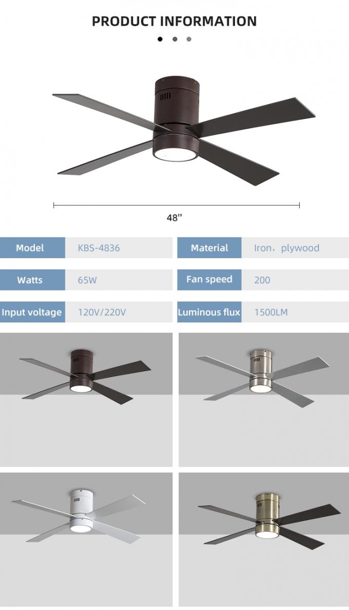 Nueva luz llevada teledirigida interior decorativa de la fan de techo de las cuchillas 65W 48Inch de la madera contrachapada 4 del hierro del diseño