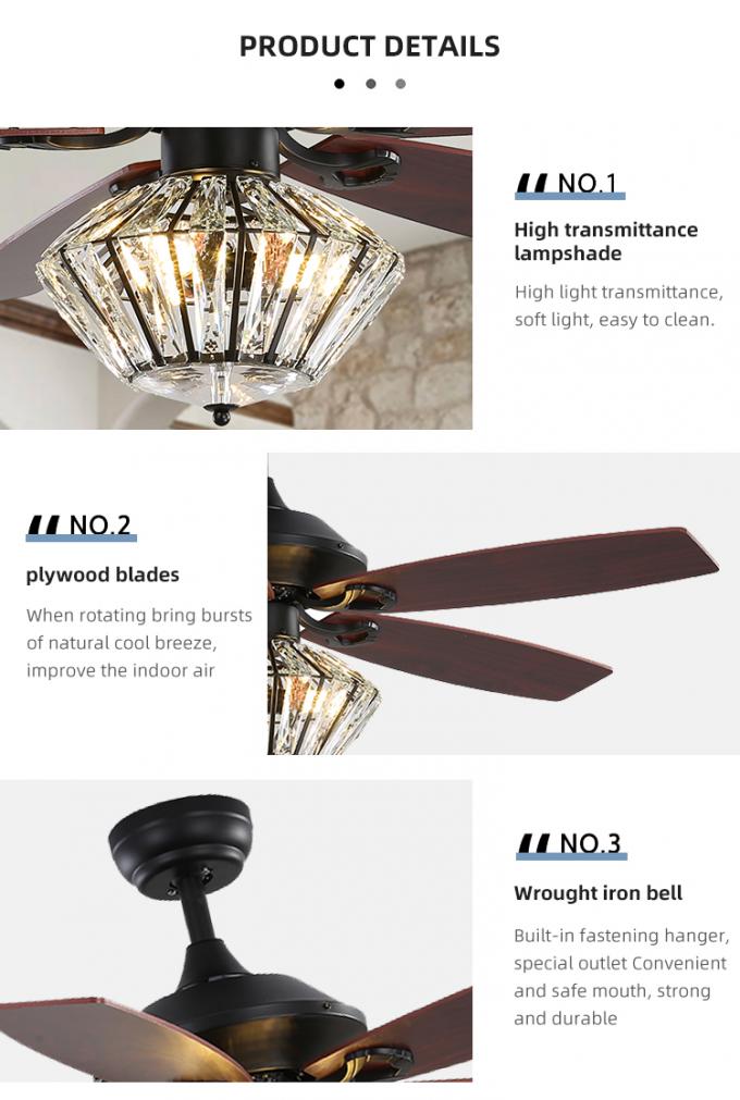 Luz llevada industrial interior decorativa de la fan de techo de la fábrica de las cuchillas profesionales del hierro 52Inch 5