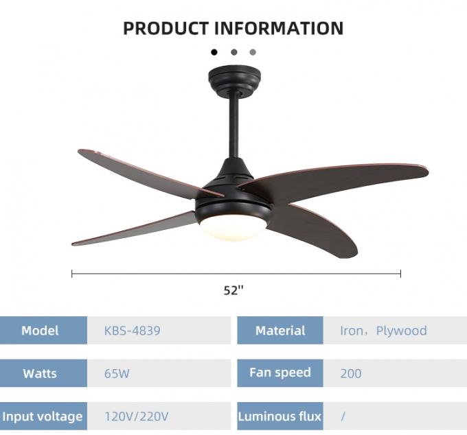 Luz llevada industrial interior decorativa de la fan de techo del hierro de las cuchillas ahorros de energía de la madera contrachapada 52Inch 4