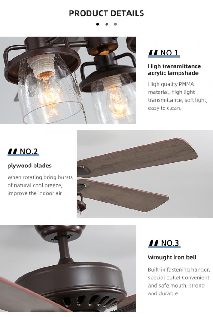 Luz llevada decorativa interior casera de la fan de techo del nuevo de la función del hierro diseño de la madera contrachapada 52Inch